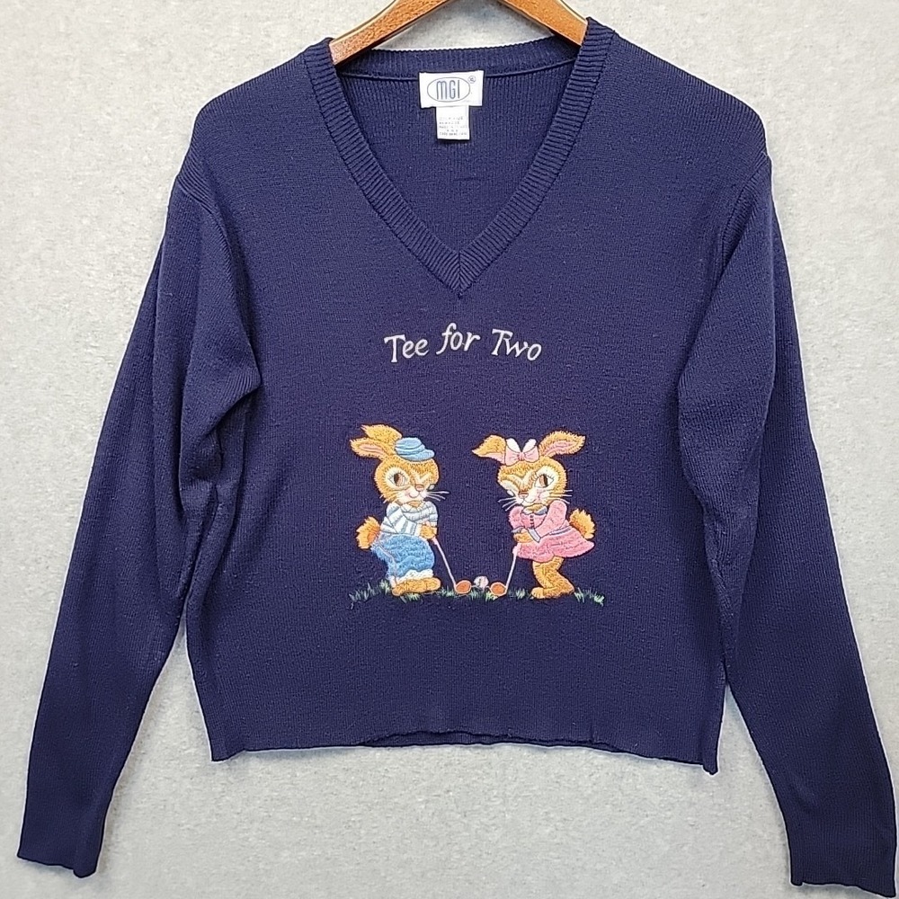 Vintage Easter Bunny Golf Sweater Tee For Two Novelty‎ V-Neck Acrylic Sz XL Cute